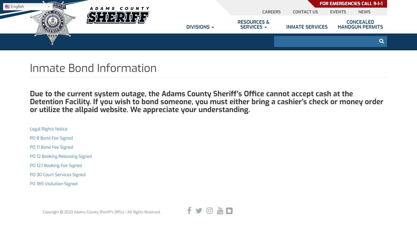 Inmate Bond Information | Adams County Sheriff's Office